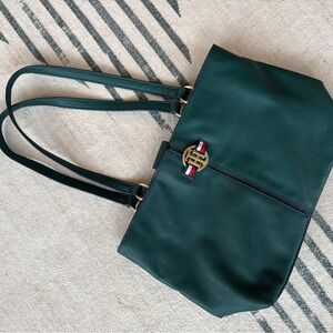 Tommy Hilfiger Green Pebbled Leather Tote Bag Classic Preppy Shoulder Bag
